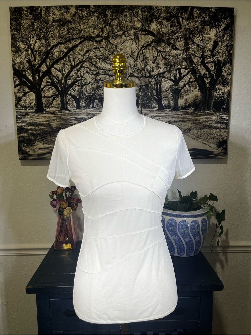 Vintage Wolford Sheer Mesh Pintuck Please Short Sleeve Top